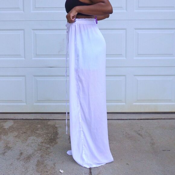 PLT White Sheer Wide Leg Drawstring Pants Size 12 Resort Beach Vacation - Picture 4 of 15